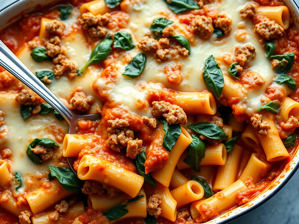 Cheesy Baked Rigatoni With Sausage & Spinach