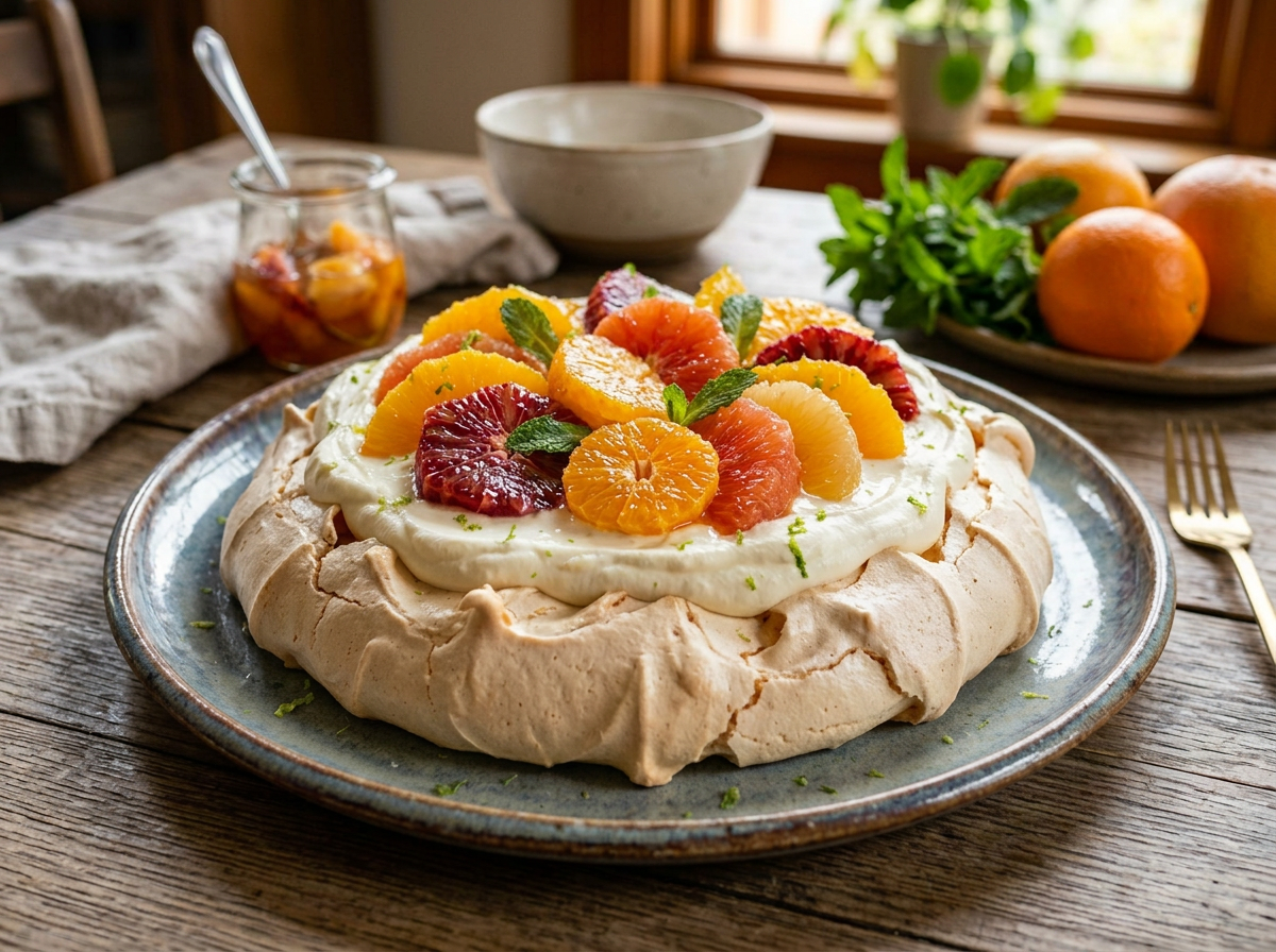 Citrus Pavlova with Ginger-Soaked Fruit