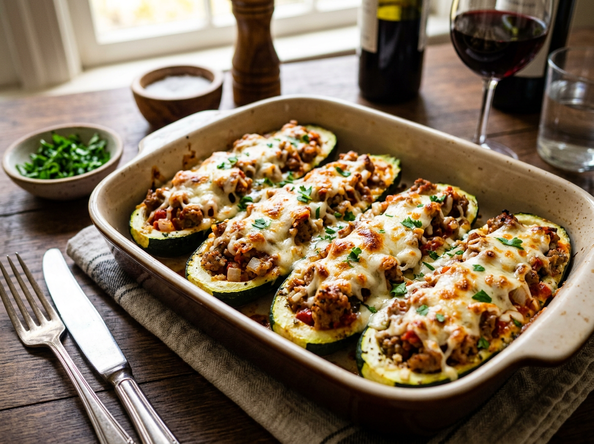 Stuffed Zucchini Boats with Sausage and Mozzarella