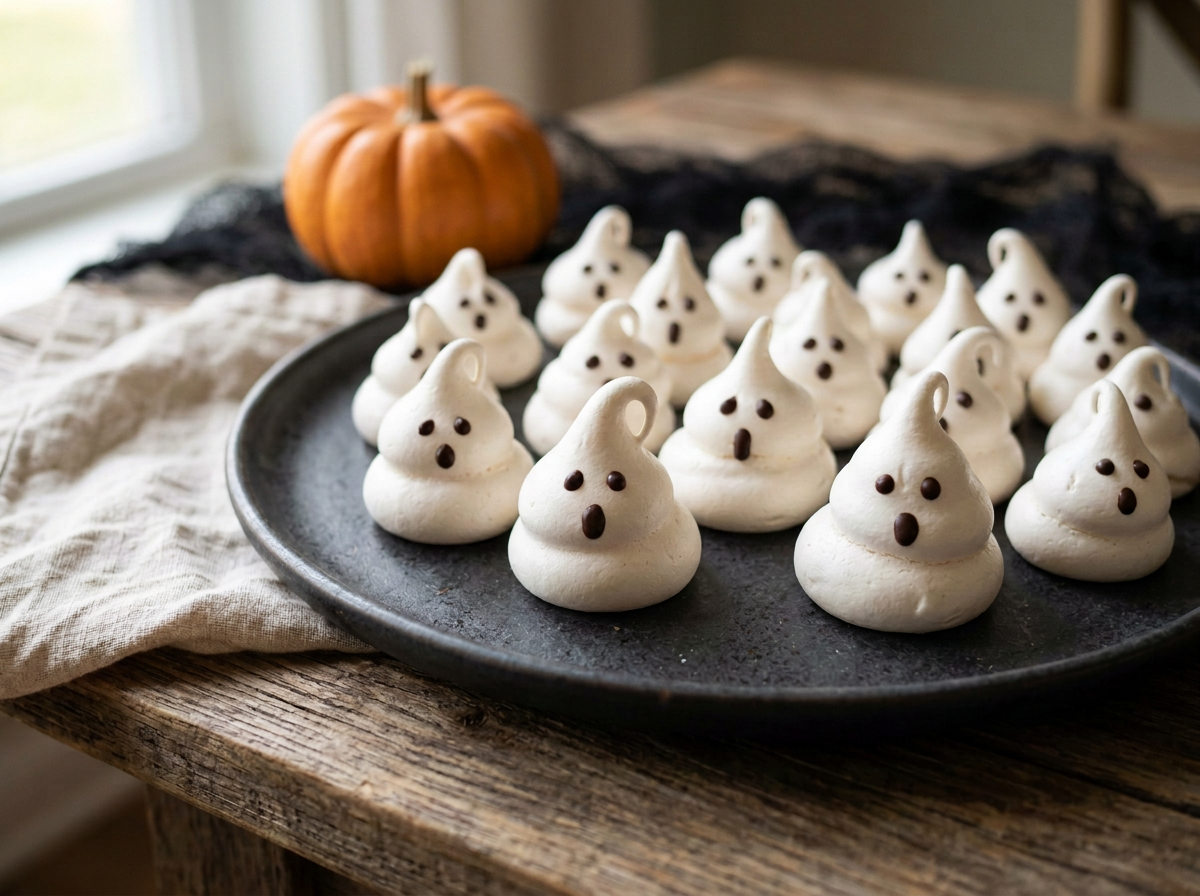 Meringue Ghosts with Chocolate Faces
